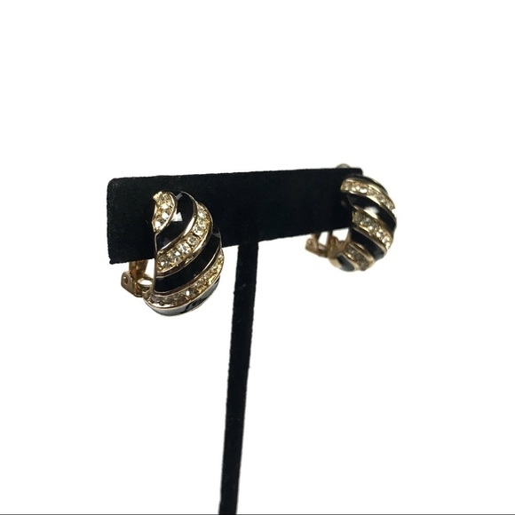 Vintage Christian Dior Half Hoop Enamel Crystal Clip On Earrings - Picture 3 of 8